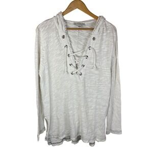 White + Warren Lace Up Hoodie Womens M White Slub Knit Long Sleeve Beach Travel